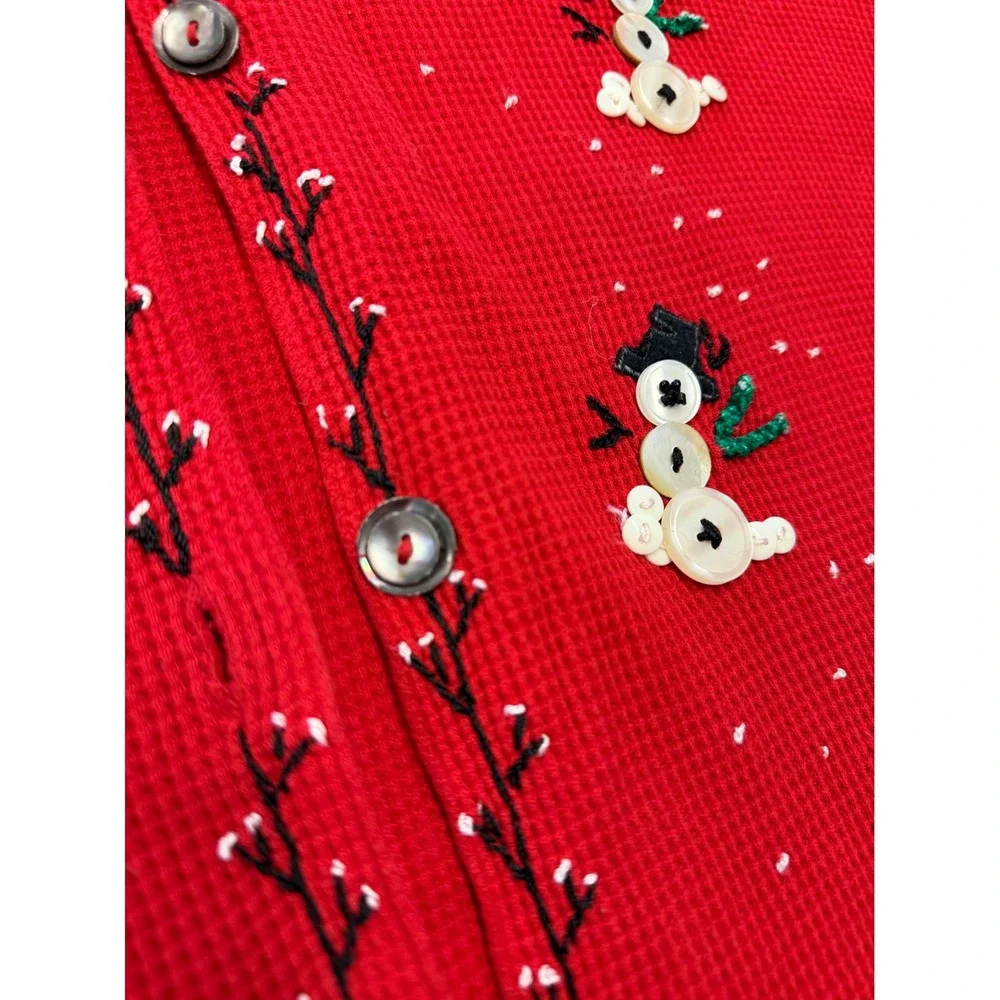 Vintage Susan Bristol Red Waffle Snowman Cardigan Sweater Women's Large Holiday